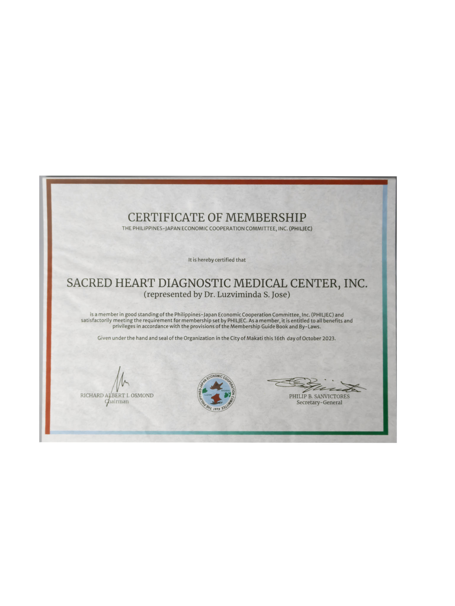 Certificate of Membership — Philippines-Japan Economic Cooperation Committee (PHILJEC)