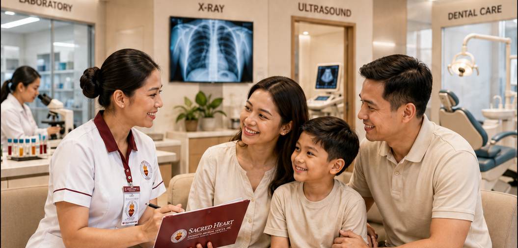 Sacred Heart diagnostic services consultation scene with family and multi-service departments including laboratory, x-ray, ultrasound, and dental care.