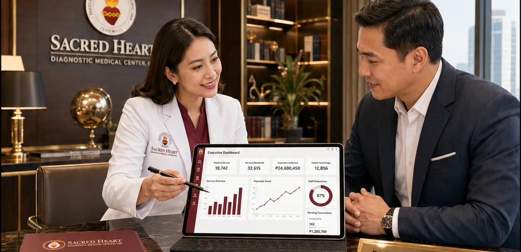 Sacred Heart physician presenting an executive healthcare dashboard to a business leader.