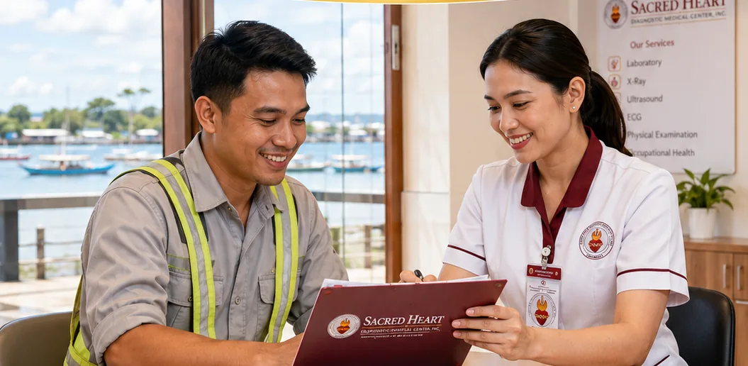 Sacred Heart staff reviewing medical documents with an industrial worker.