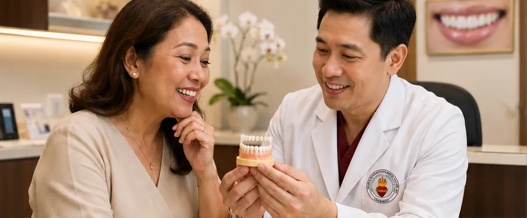 Sacred Heart dental professional explaining treatment options to an adult patient.