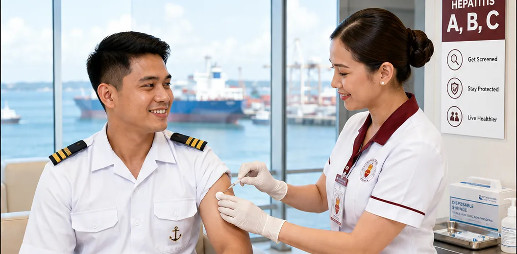 Sacred Heart nurse administering a vaccination to a maritime professional near a port.